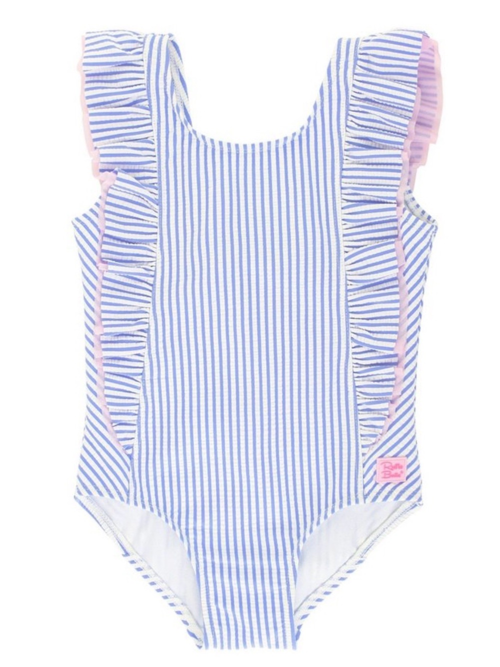 Seersucker Stripe Ruffle One-Piece Swimsuit for Kids - Blue & Pink